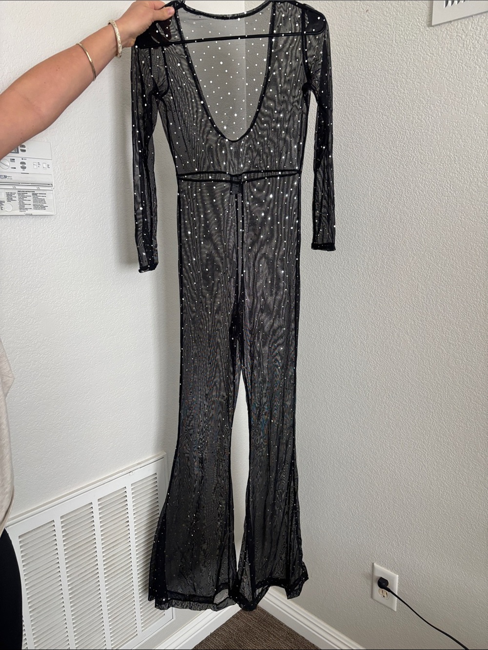 Black Rhinestone Mesh Long-Sleeve Jumpsuit